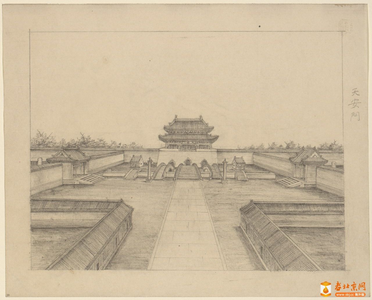 當然也有畫得不錯的,如《 Church in Peking》(大幅:3611X2723),雖然一對獅子有點滑稽,但總體透視、比例還算可以。作者是個叫瓦西列維奇的俄國人。原說明指這張水彩畫作品完成于1860-1900間。從1887年(同治十二年)北京地圖上看,南堂東側建有養病院,該地后為圣母會法文學校,現為北京外事職高。而此畫該地為空地,無任何建筑。由此推斷,該畫作可能完成于1860-1887間。